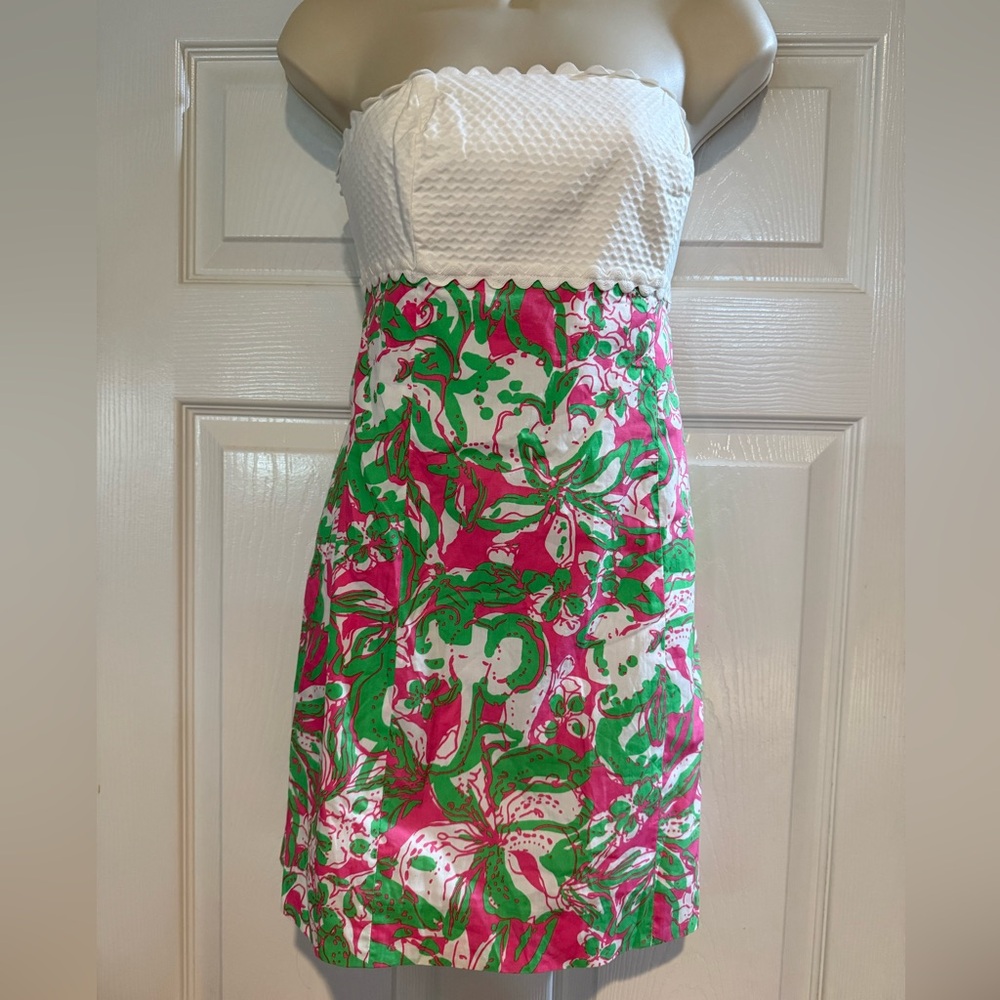 Lilly Pulitzer XS strapless Mini Dress Pink Green Floral Tie Back 100% cotton.